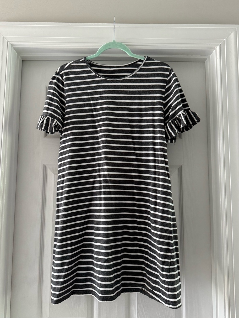 Gray & White Striped Ruffle Sleeve Casual Dress